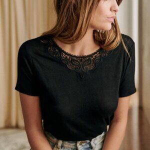 Sezane Mina Linen T Shirt Black Small